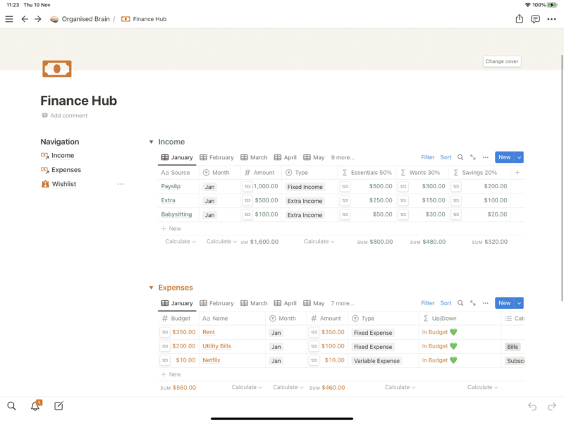 Notion template page with finances.