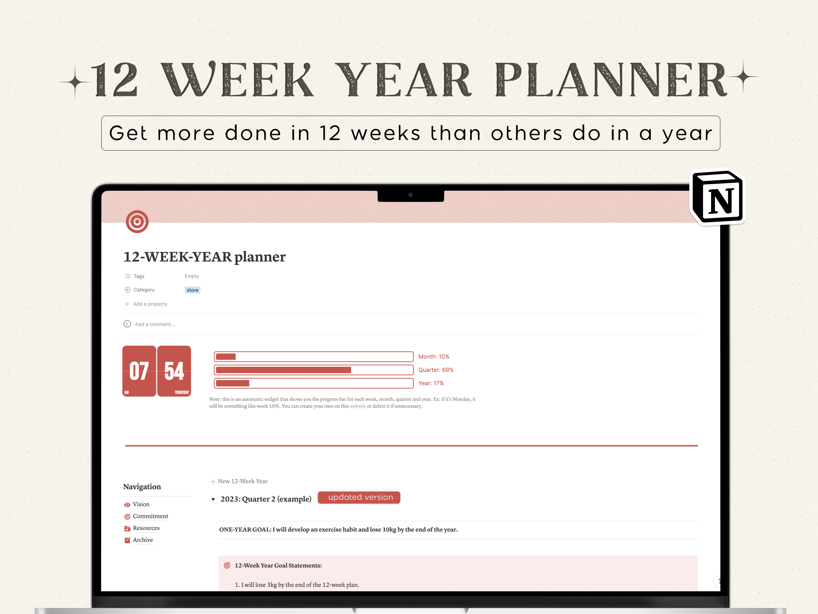 12 Week Year Notion Template | 3 Month Goal Planner