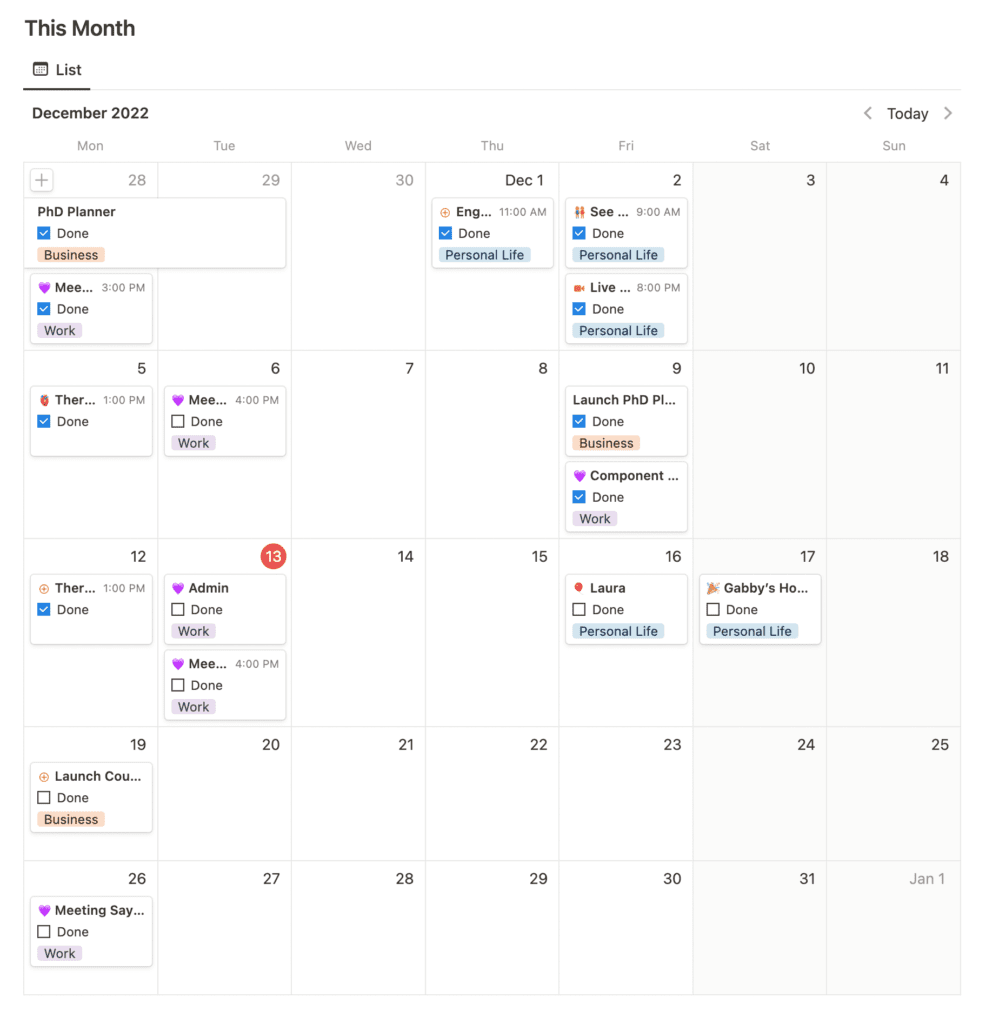 Notion Calendar View of personal agenda

