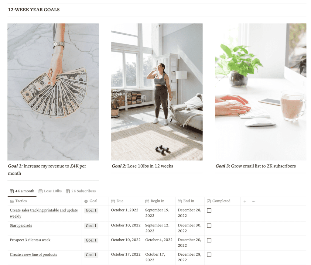 12-week year notion template with 3 goals. 