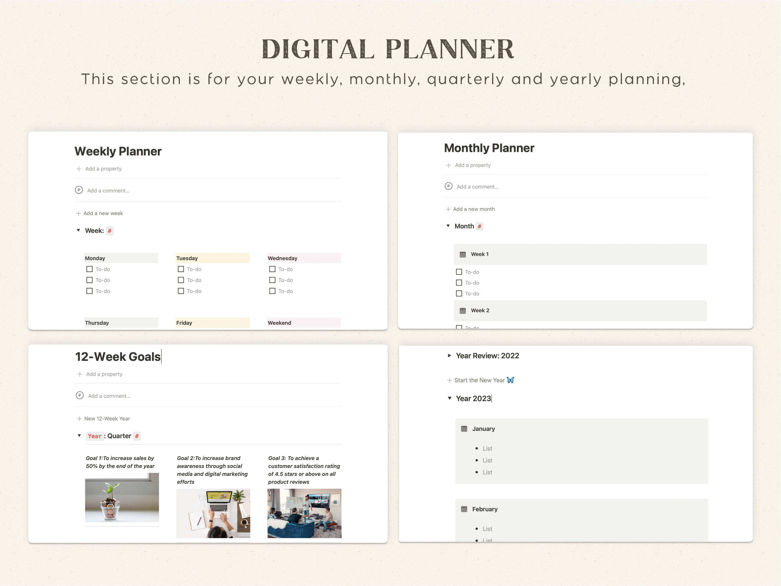 Notion template business planner with content calendar and social media planner