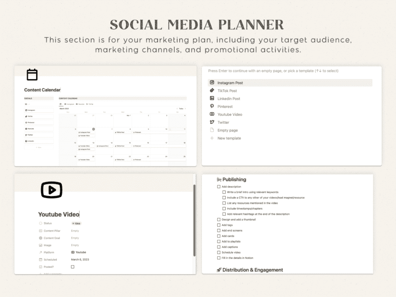 Notion template business planner with content calendar and social media planner