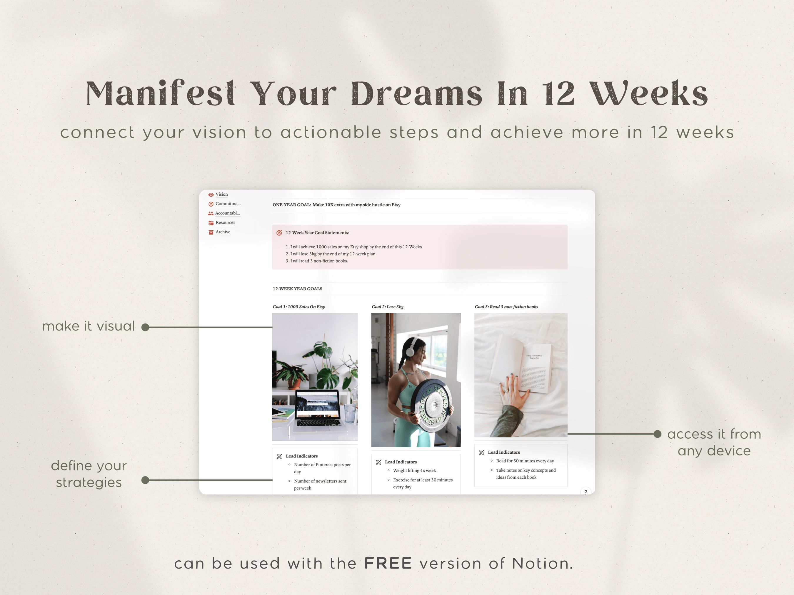 Notion template for breaking down goals into daily, weekly, and monthly actions